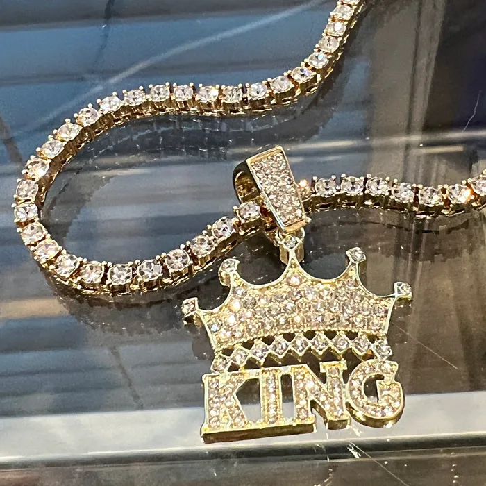Crown King Iced Pendant Tennis Chain Gold Finish Necklace 24 Bling Cartel Admin Necklaces