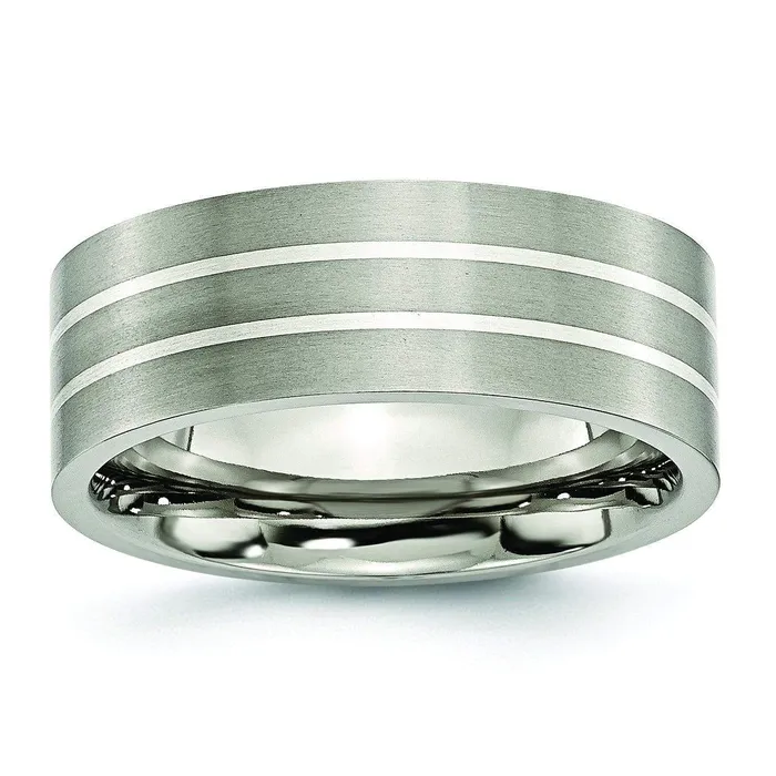 deBebians Rings Silver Inlay Titanium Ring for Men Matte Finish in 8mm