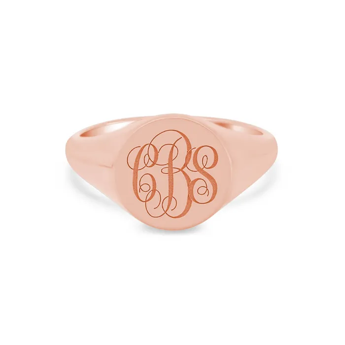 deBebians Rings Womens Round Signet Ring Medium Laser Engraved Script Monogram