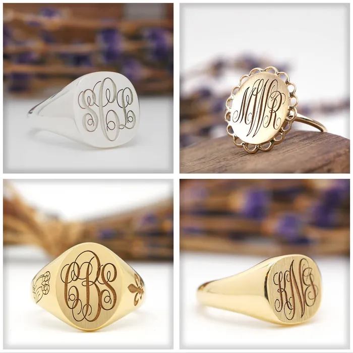 deBebians Rings Womens Round Signet Ring Medium Laser Engraved Script Monogram