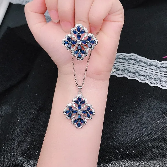 Divine Inspiration Styles Necklaces CHARLIN Womens Fashion Elegant Luxury Statement Blue Cubic Zirconia Necklace Ring Jewelry
