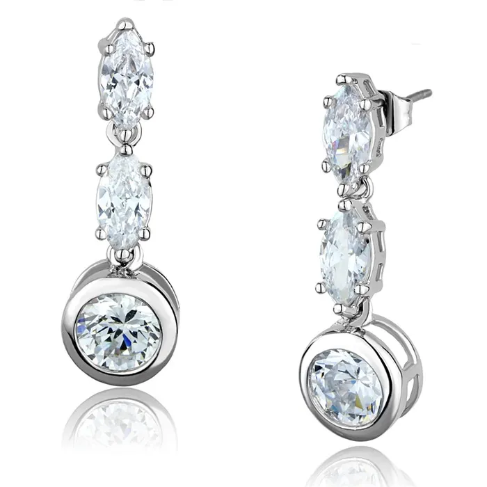 Earrings Alamode 3W1060 Rhodium Brass Earrings with AAA Grade CZ in Clear