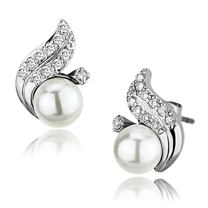 Earrings Alamode 3W365 Rhodium Brass Earrings with Synthetic Pearl in White