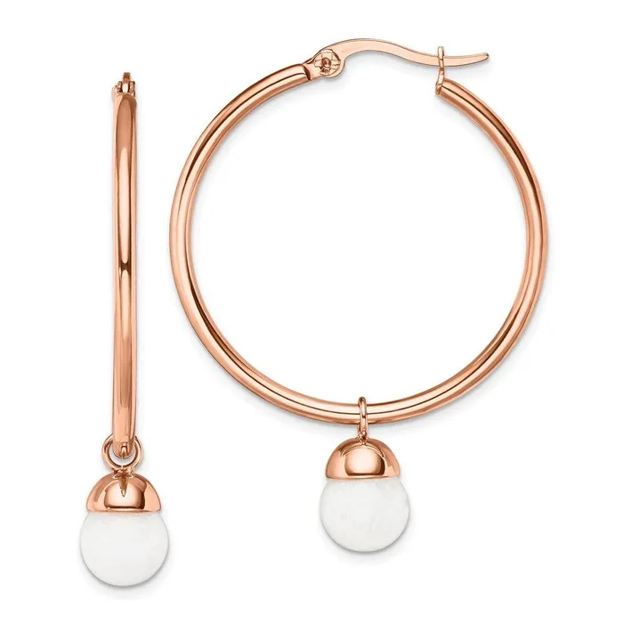 Earrings Chisel Stainless Steel Polished Rose IPplated White Jade Hoop Earrings Earrings Chisel Stainless Steel Polished Rose IPplated White Jade Hoop Earrings