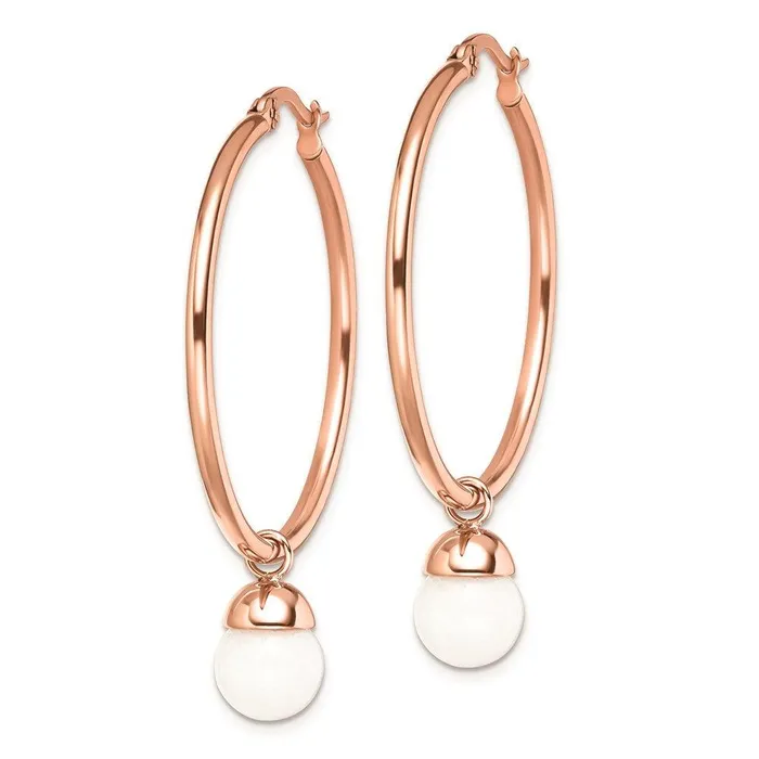 Earrings Chisel Stainless Steel Polished Rose IPplated White Jade Hoop Earrings Earrings Chisel Stainless Steel Polished Rose IPplated White Jade Hoop Earrings