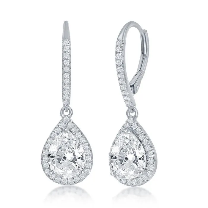 Earrings Classic Sterling Silver Pearshaped Halo Dangling Earrings