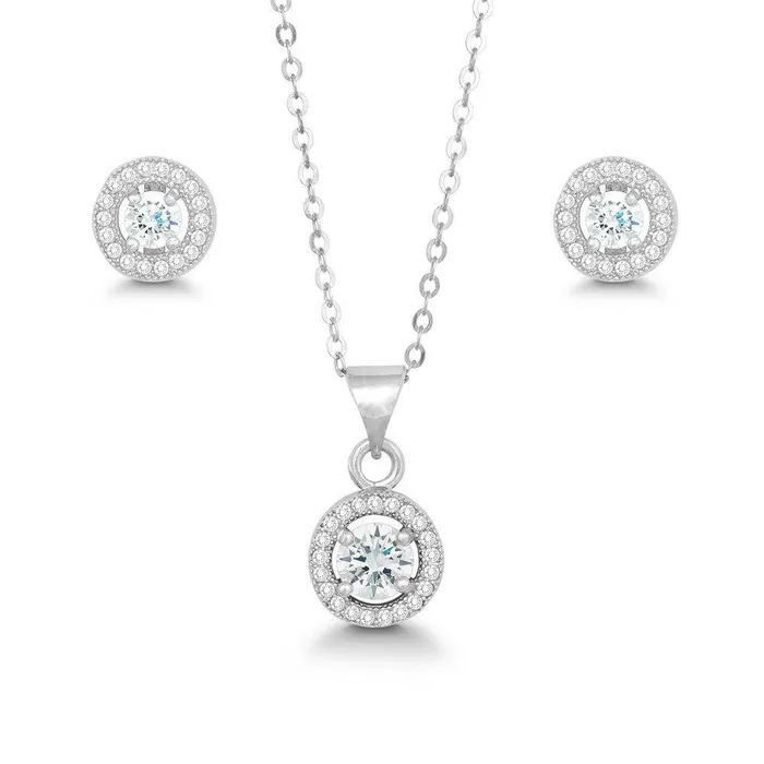 Earrings Classic Sterling Silver Prong Round Clear CZ Pendant and Earrings Set