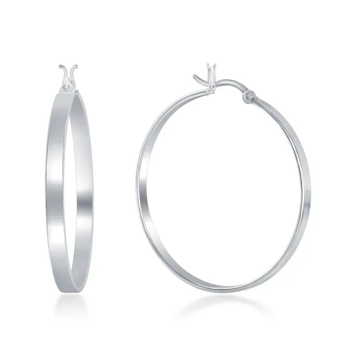 Earrings Classic Sterling Silver Rhodium Plated Flat Hoop Earrings 4 x 40 mm Earrings Classic Sterling Silver Rhodium Plated Flat Hoop Earrings 4 x 40 mm