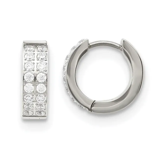 Earrings Stainless Steel Polished with 2 Rows of CZ Hinged Hoop Earrings Chisel Earrings Stainless Steel Polished with 2 Rows of CZ Hinged Hoop Earrings Chisel