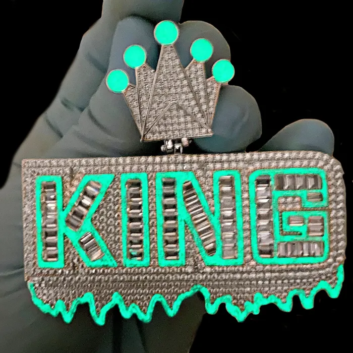 Harlem Bling Necklaces King Pendant 925 Sterling Silver Glow In The Dark Iced Flooded Out CZ Harlem Bling Necklaces King Pendant 925 Sterling Silver Glow In The Dark Iced Flooded Out CZ