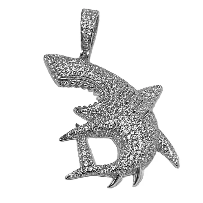 HB Necklaces 925 Sterling Silver Shark Iced Hip Hop Pendant CZ Flooded Out 2 HB Necklaces 925 Sterling Silver Shark Iced Hip Hop Pendant CZ Flooded Out 2