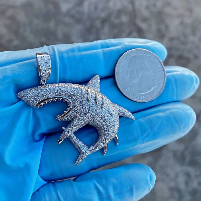 HB Necklaces 925 Sterling Silver Shark Iced Hip Hop Pendant CZ Flooded Out 2 HB Necklaces 925 Sterling Silver Shark Iced Hip Hop Pendant CZ Flooded Out 2