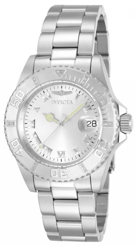 Invicta Invicta 12819 Womens Steel Bracelet Swiss Quartz Pro Diver Diamond Silver Dial Date Watch Bracelets