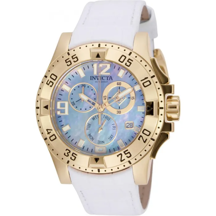 Invicta Watches Invicta Womens Chrono Watch Excursion Yellow Gold Case White Leather Strap 16099 Invicta Watches Invicta Womens Chrono Watch Excursion Yellow Gold Case White Leather Strap 16099