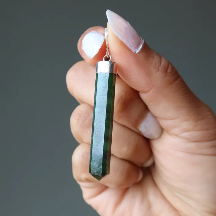 Jade Pendant Point Prosperity Nephrite Sterling Silver Satin Crystals Necklaces