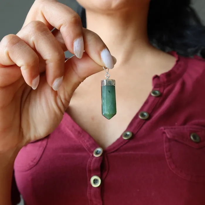 Jade Pendant Point Prosperity Nephrite Sterling Silver Satin Crystals Necklaces