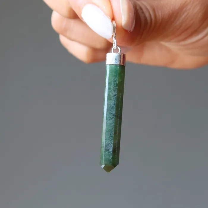 Jade Pendant Point Prosperity Nephrite Sterling Silver Satin Crystals Necklaces