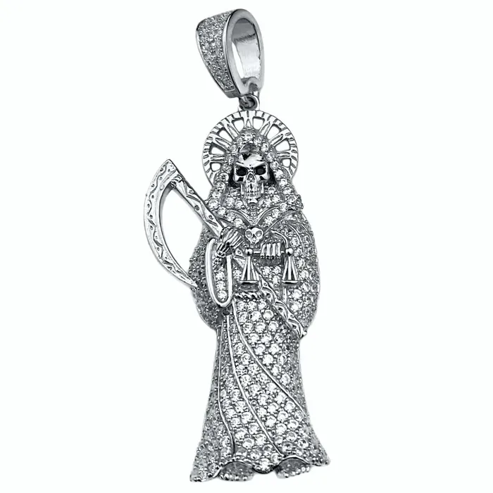 La Santa Muerte Solid 925 Sterling Silver Iced CZ Micro Pave Pendant Bling Cartel Admin Necklaces La Santa Muerte Solid 925 Sterling Silver Iced CZ Micro Pave Pendant Bling Cartel Admin Necklaces
