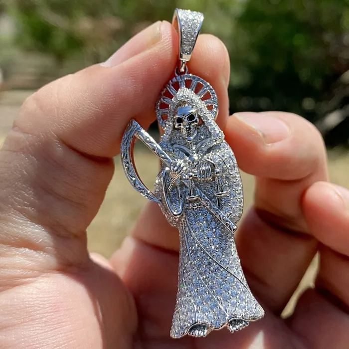 La Santa Muerte Solid 925 Sterling Silver Iced CZ Micro Pave Pendant Bling Cartel Admin Necklaces