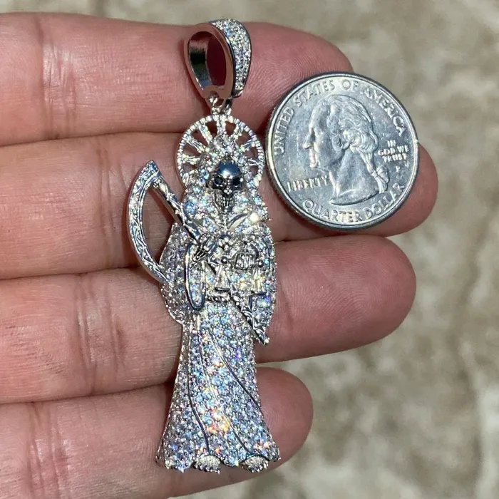 La Santa Muerte Solid 925 Sterling Silver Iced CZ Micro Pave Pendant Bling Cartel Admin Necklaces