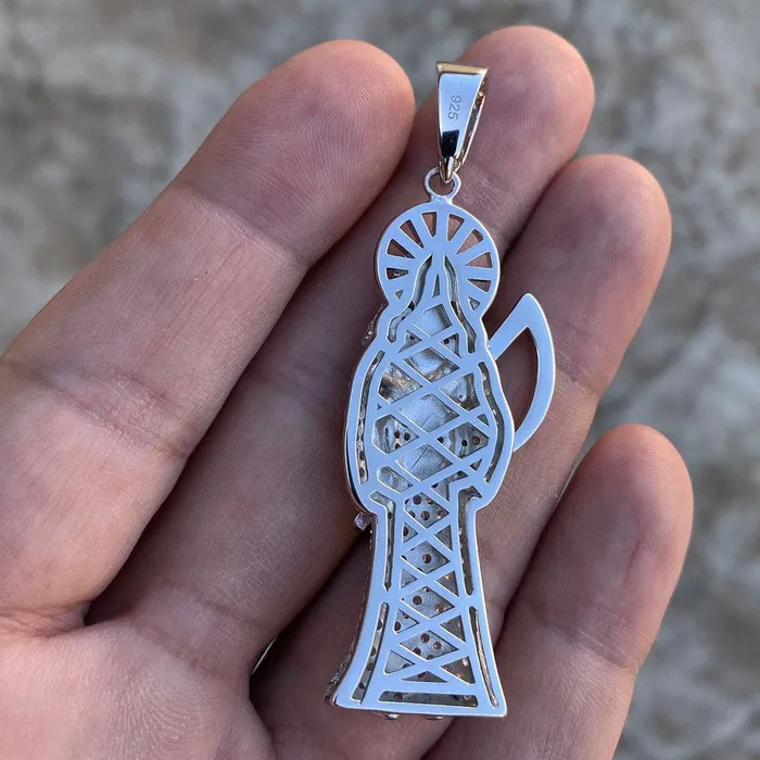 La Santa Muerte Solid 925 Sterling Silver Iced CZ Micro Pave Pendant Bling Cartel Admin Necklaces