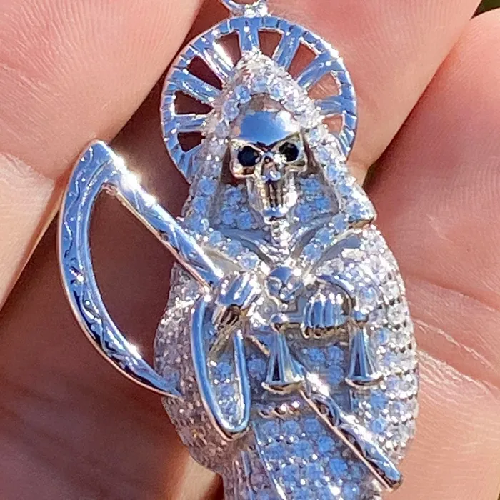 La Santa Muerte Solid 925 Sterling Silver Iced CZ Micro Pave Pendant Bling Cartel Admin Necklaces