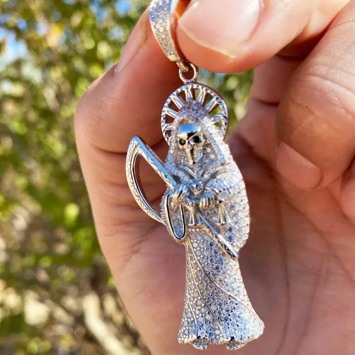 La Santa Muerte Solid 925 Sterling Silver Iced CZ Micro Pave Pendant Bling Cartel Admin Necklaces