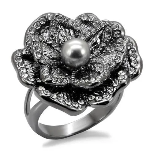 LO1681 TIN Cobalt Black Brass Ring with Synthetic Pearl in Light Gray Alamode Rings LO1681 TIN Cobalt Black Brass Ring with Synthetic Pearl in Light Gray Alamode Rings