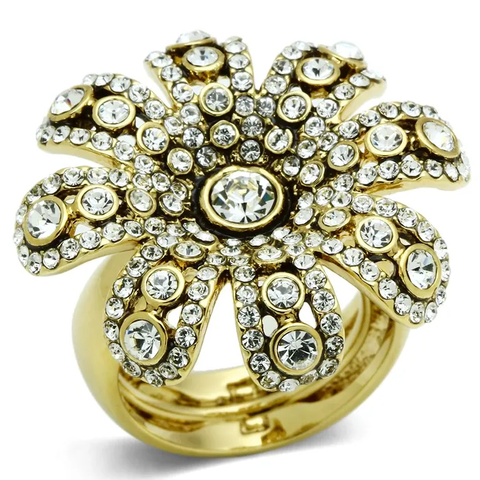 LO2465 Gold Brass Ring with Top Grade Crystal in Clear Alamode Rings