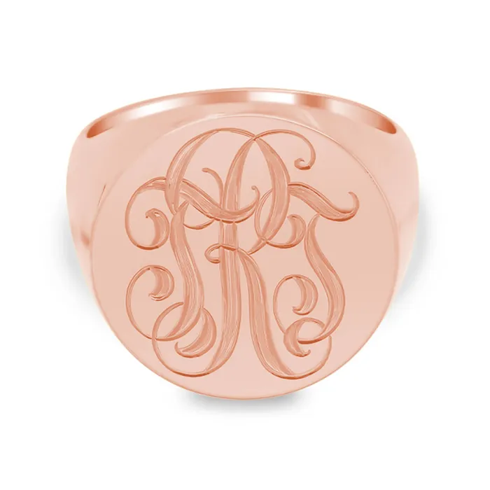 Mens Round Signet Ring Extra Large Hand Engraved Script Monogram deBebians Rings