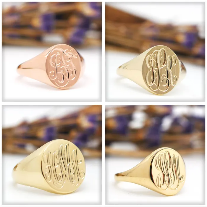 Mens Round Signet Ring Extra Large Hand Engraved Script Monogram deBebians Rings