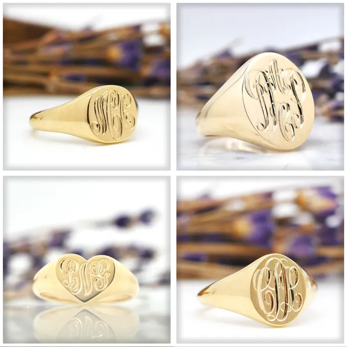 Mens Round Signet Ring Extra Large Hand Engraved Script Monogram deBebians Rings