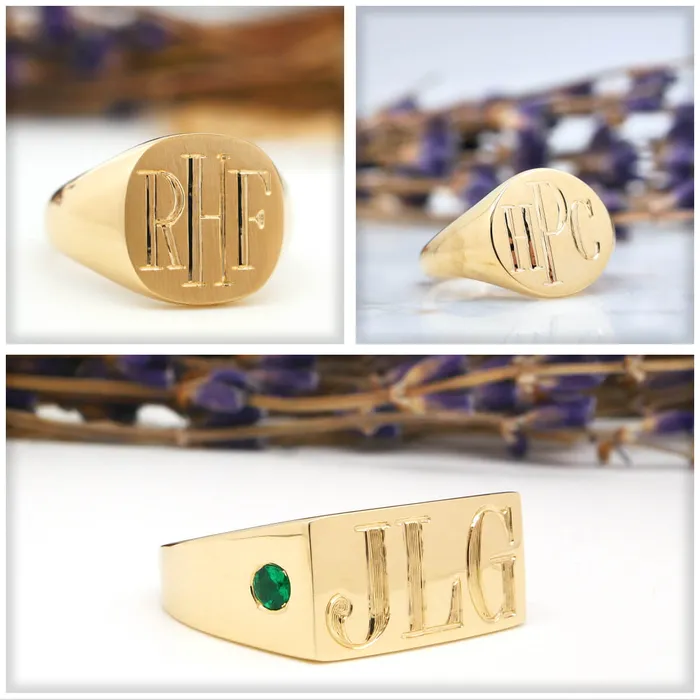 Mens Square Signet Ring Medium Hand Engraved Roman Monogram deBebians Rings