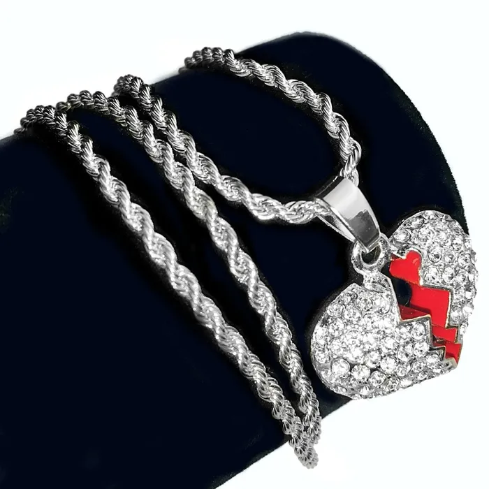 Micro Broken Heart Pendant Silver Tone Rope Chain Necklace 24 Bling Cartel Admin Necklaces