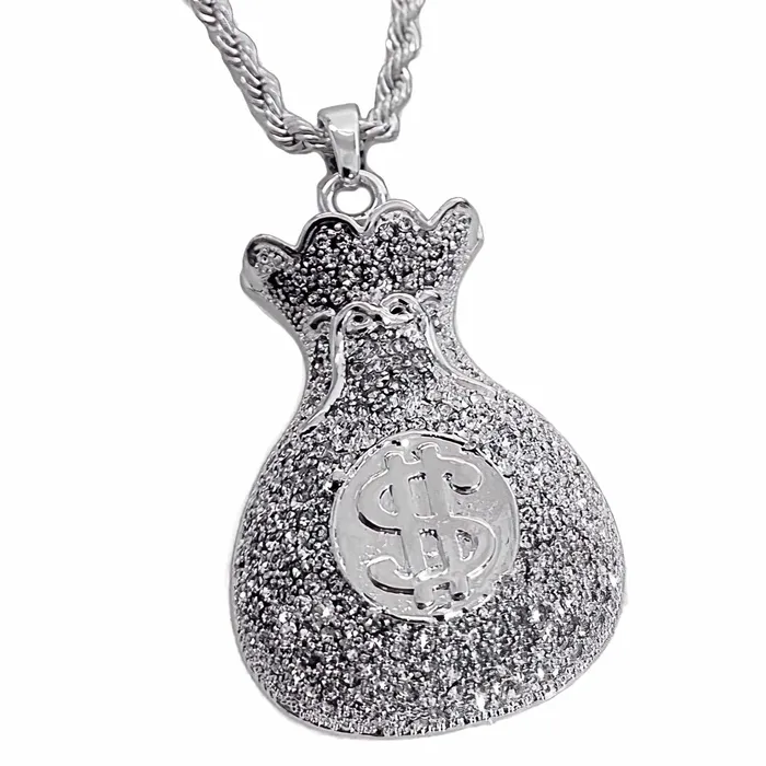 Money Bag Chain Hip Hop Pendant Silver Tone Iced Rope Necklace 24 Bling Cartel Necklaces Money Bag Chain Hip Hop Pendant Silver Tone Iced Rope Necklace 24 Bling Cartel Necklaces