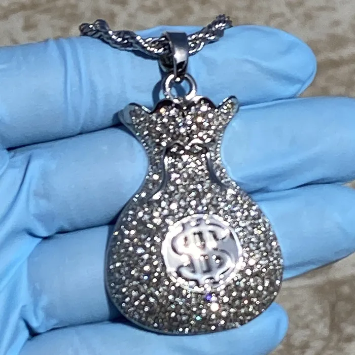 Money Bag Chain Hip Hop Pendant Silver Tone Iced Rope Necklace 24 Bling Cartel Necklaces Money Bag Chain Hip Hop Pendant Silver Tone Iced Rope Necklace 24 Bling Cartel Necklaces