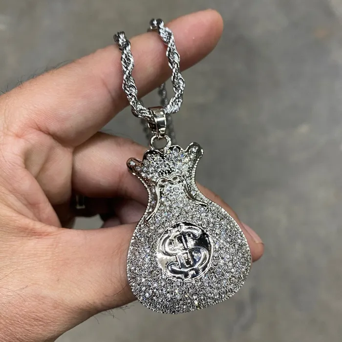 Money Bag Chain Hip Hop Pendant Silver Tone Iced Rope Necklace 24 Bling Cartel Necklaces Money Bag Chain Hip Hop Pendant Silver Tone Iced Rope Necklace 24 Bling Cartel Necklaces