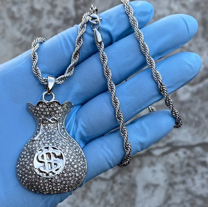 Money Bag Chain Hip Hop Pendant Silver Tone Iced Rope Necklace 24 Bling Cartel Necklaces Money Bag Chain Hip Hop Pendant Silver Tone Iced Rope Necklace 24 Bling Cartel Necklaces