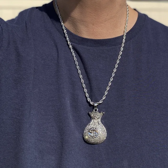 Money Bag Chain Hip Hop Pendant Silver Tone Iced Rope Necklace 24 Bling Cartel Necklaces Money Bag Chain Hip Hop Pendant Silver Tone Iced Rope Necklace 24 Bling Cartel Necklaces