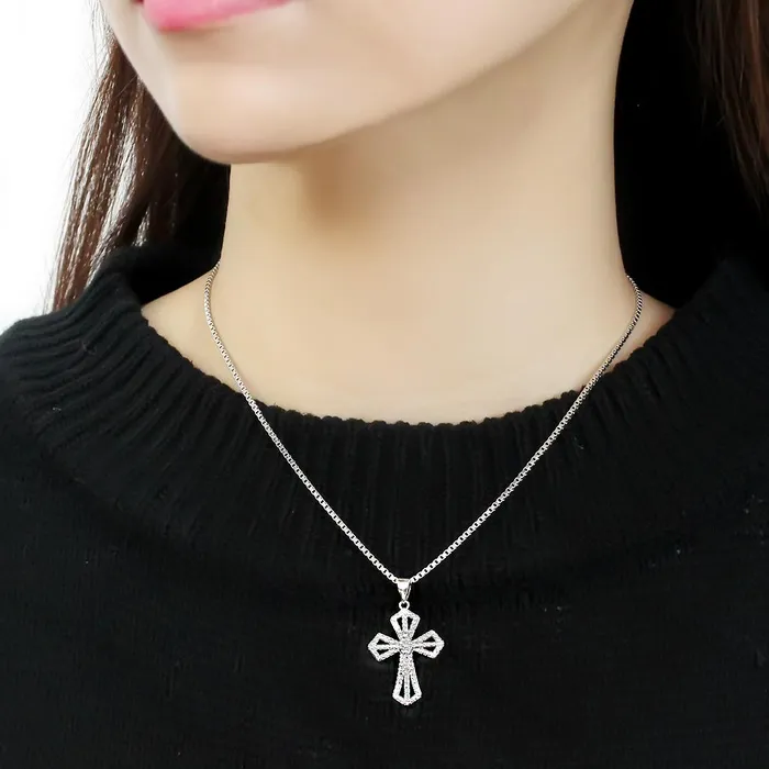 Necklaces Alamode 3W850 Rhodium Brass Chain Pendant with AAA Grade CZ in Clear