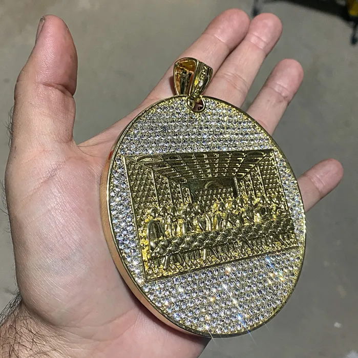 Necklaces Bling Cartel Admin 14K Gold Finish Huge Last Supper Flat Iced Flooded Out Pendant