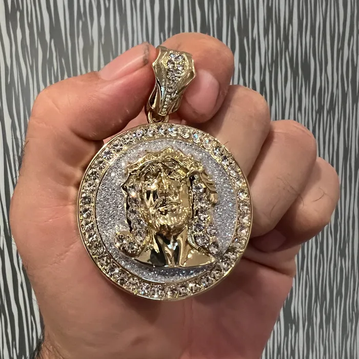 Necklaces Bling Cartel Admin 14K Gold Plated Jesus Head wSilver Glitter Round Coin Pendant Necklaces Bling Cartel Admin 14K Gold Plated Jesus Head wSilver Glitter Round Coin Pendant