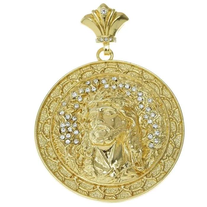 Necklaces Bling Cartel Admin Dazzling Jesus Gold Finish Round Iced Big Medallion Pendant Necklaces Bling Cartel Admin Dazzling Jesus Gold Finish Round Iced Big Medallion Pendant