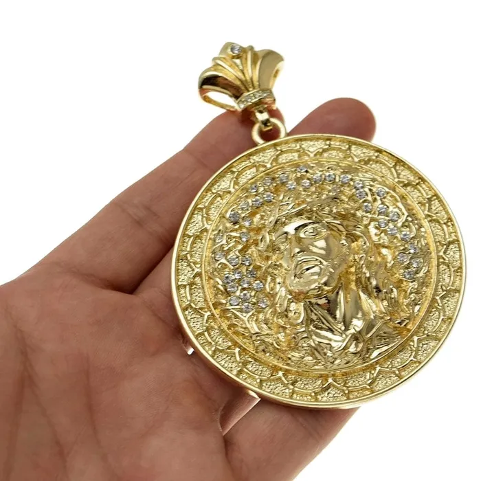 Necklaces Bling Cartel Admin Dazzling Jesus Gold Finish Round Iced Big Medallion Pendant