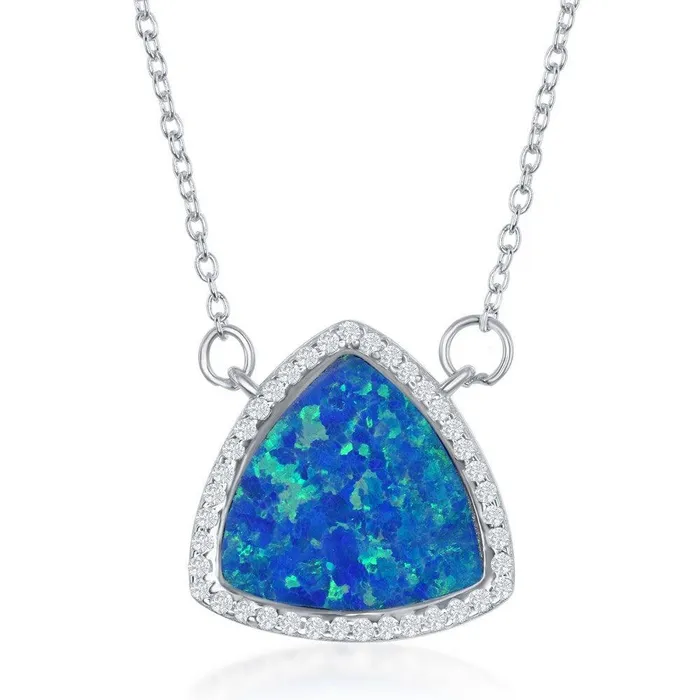 Necklaces Classic Sterling Silver Blue Inlay Opal Triangle with CZ Border Necklace Necklaces Classic Sterling Silver Blue Inlay Opal Triangle with CZ Border Necklace