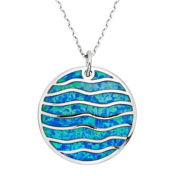 Necklaces Classic Sterling Silver Blue Inlay Opal Wavy Design Pendant
