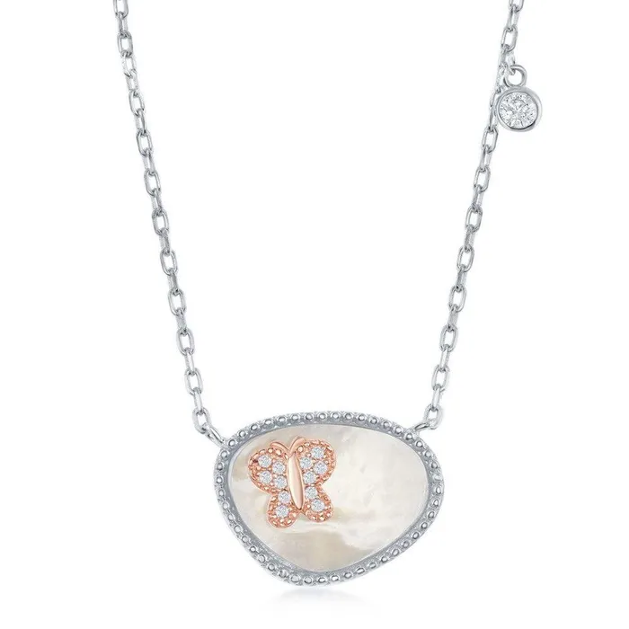 Necklaces Classic Sterling Silver MOP and RG CZ Butterfly with Single CZ Necklace Necklaces Classic Sterling Silver MOP and RG CZ Butterfly with Single CZ Necklace