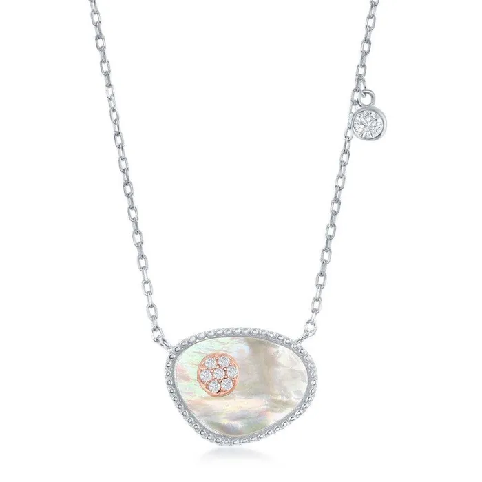 Necklaces Classic Sterling Silver Oval MOP and RG CZ Circle with Single CZ Necklace Necklaces Classic Sterling Silver Oval MOP and RG CZ Circle with Single CZ Necklace