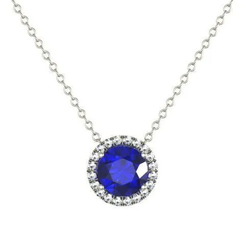 Necklaces deBebians Diamond Halo Gold Pendant with Blue Sapphire Center Necklaces deBebians Diamond Halo Gold Pendant with Blue Sapphire Center
