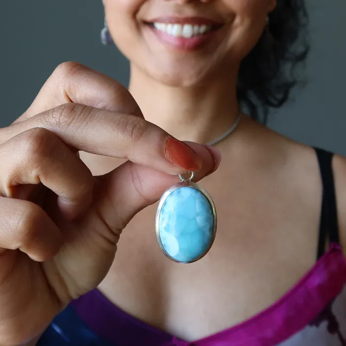 Necklaces Satin Crystals Larimar Pendant Celestial Mirror Sky Blue Sterling Silver